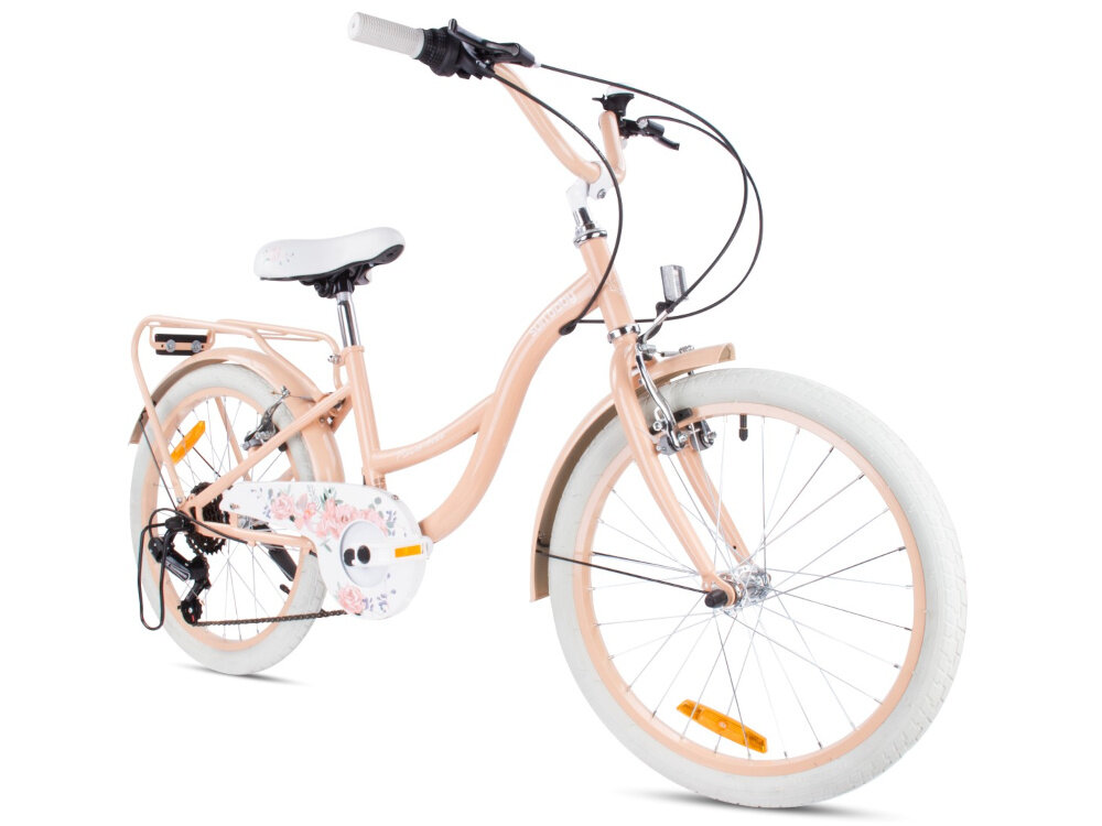 Rower dziecięcy SUN BABY Flower Bike 20 cali dla dziewczynki Morelowy rower na białym tle widoczny od przodu pod skosem dla dzieci w wieku od 6 do 10 lat trwałość wytrzymałość mocna konstrukcja