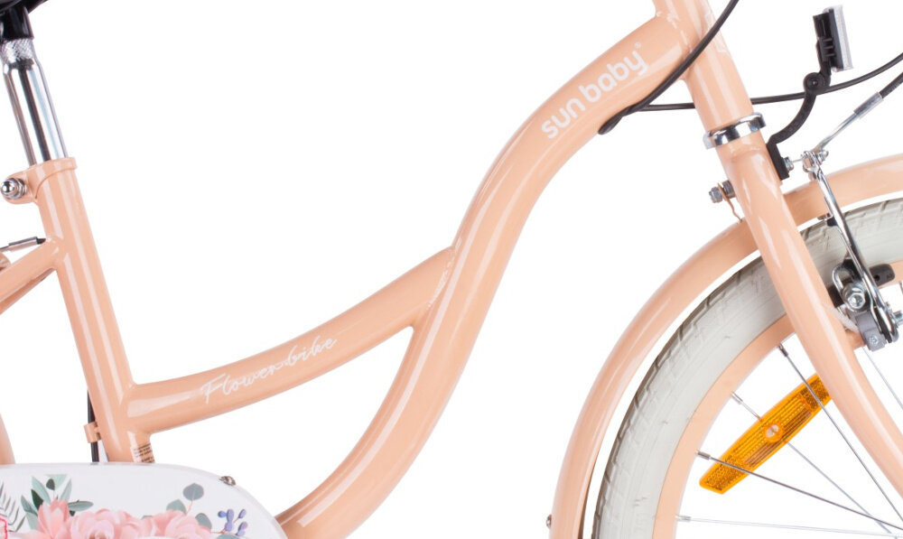 Rower dziecięcy SUN BABY Flower Bike 20 cali dla dziewczynki Morelowy zbliżenie na ramę zdjęcie na białym tle odpowiednio wyselekcjonowane materiały stalowa 11,5-calowa rama dostosowana do najmłodszych geometria ponadprzeciętna odporność na uszkodzenia mechaniczne i działanie czynników zewnętrznych  wybór rozmiaru ramy Twój wzrost mierzony w zrelaksowanej pozycji typ roweru