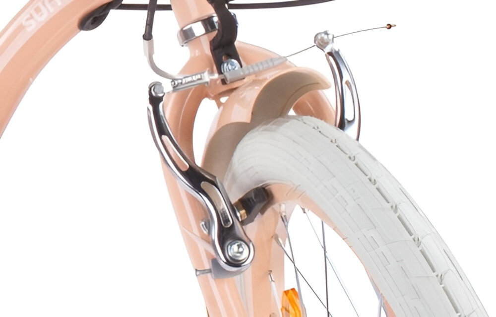 Rower dziecięcy SUN BABY Flower Bike 20 cali dla dziewczynki Morelowy zbliżenie na przedni hamulec zdjęcie na białym tle podstawa bezpieczeństwa hamulce V-Brake lekkie duża siła hamowania hamulce z przodu i z tyłu podwójny pakiet bezpieczeństwa dźwignie umieszczone na manetkach