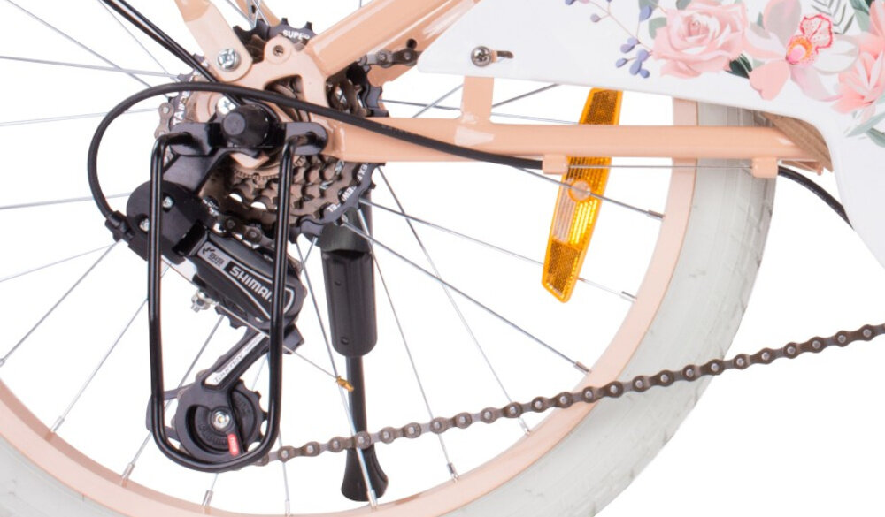 Rower dziecięcy SUN BABY Flower Bike 20 cali dla dziewczynki Morelowy zbliżenie na przerzutki zdjęcie na białym tle 6 biegów obrotowa manetka Revoshift 6 speed tylna przerzutka SHIMANO Tourney przerzutki SHIMANO duża wytrzymałość sprawne działanie płynna bezproblemowa zmiana biegów