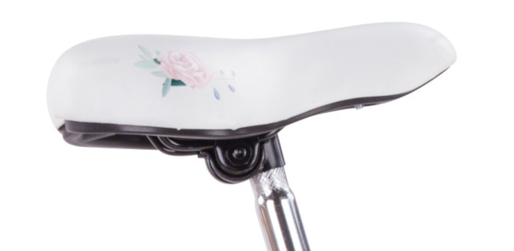 Rower dziecięcy SUN BABY Flower Bike 20 cali dla dziewczynki Morelowy zbliżenie na siodełko zdjęcie na białym tle bezpieczna satysfakcjonująca aktywność wygodne siodełko regulacja w zakresie od 54 do 62 cm