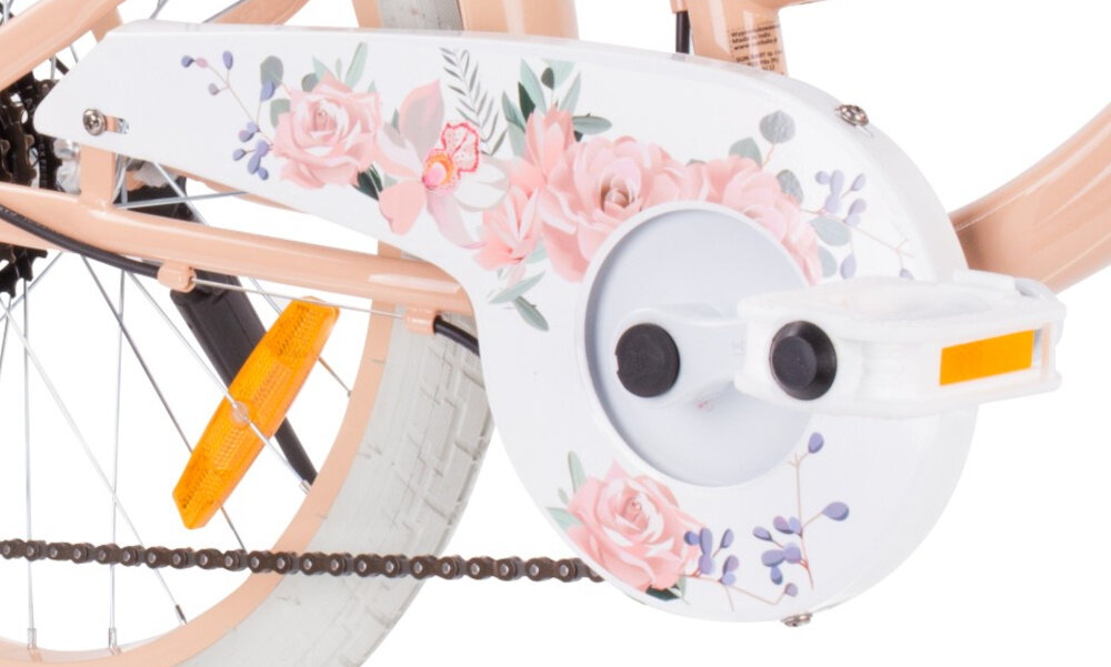 Rower dziecięcy SUN BABY Flower Bike 20 cali dla dziewczynki Morelowy zbliżenie na osłonę łańcucha zdjęcie na białym tle osłona łańcucha kwiatowa grafika zabezpiecza łańcuch przed brudem błotniki elegancki wygląd osłaniają odzież