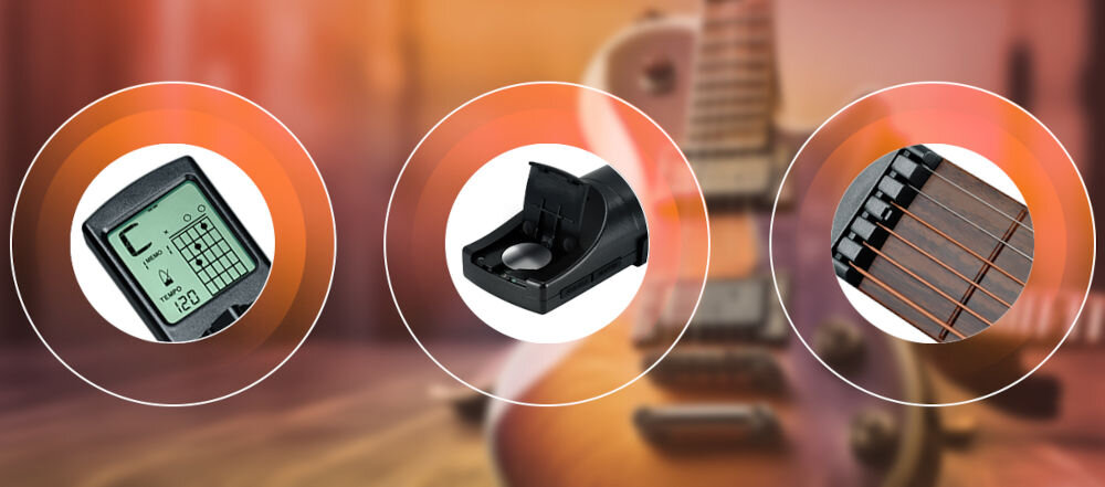 Trener akordów gitarowych MUSICMATE MM-A55 Stringssensei możliwość nauki różnych rodzajów akordów od durowych i molowych, przez zmniejszone (dim) i zwiększone (aug),
aż po akordy rozszerzone i septymowe wyraźne wskazania na ekranie ułatwiające naukę