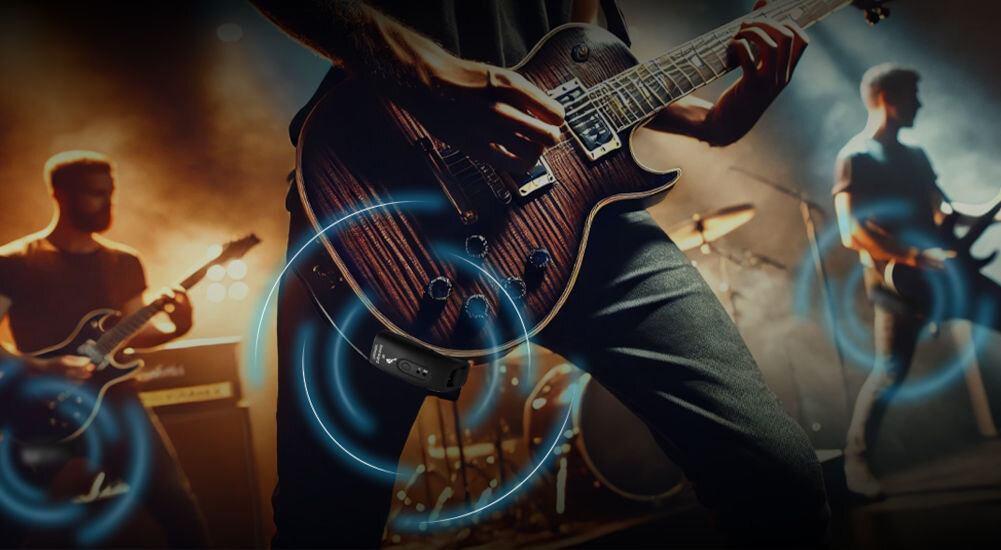 Bezprzewodowy system do gitar MUSICMATE MM-A120 Chordcast wbudowana bateria o pojemności 300 mAh do 5 godzin pracy bez potrzeby ładowania zasięg do 30 metrów ładowanie przez port microUSB