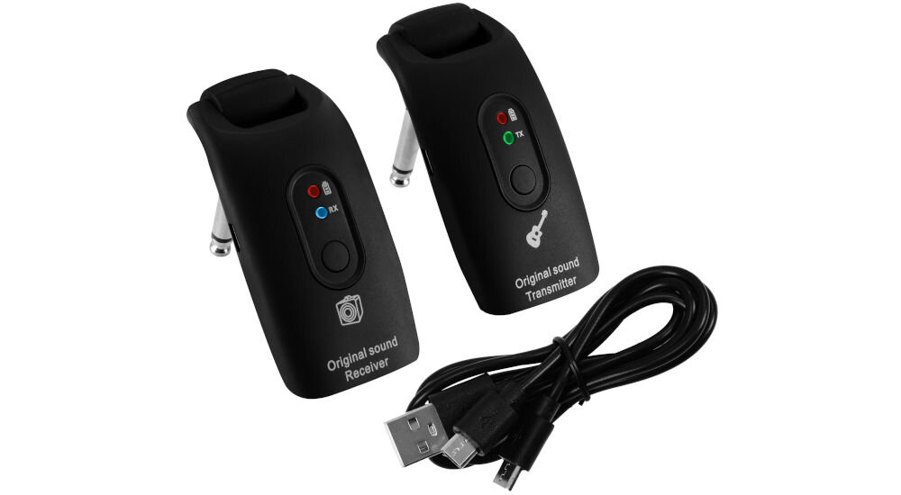 Bezprzewodowy system do gitar MUSICMATE MM-A120 Chordcast w zestawie nadajnik oraz odbiornik jack 6,3 mm kabel USB-A / microUSB do ładowania system jest gotowy do użycia zaraz po rozpakowaniu