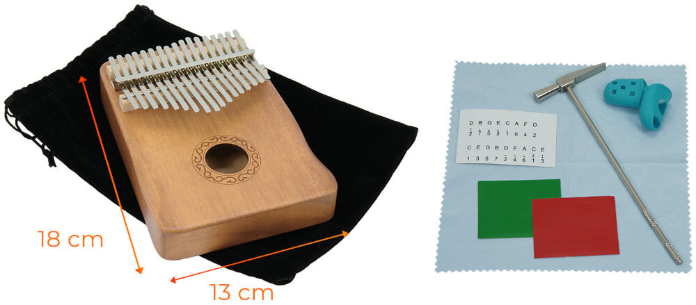 Kalimba MUSICMATE MM-C10-BR Peacemelody Naturalny kompaktowe wymiary ok. 18 x 13 x 6 cm niewielka waga ok. 0,27 kg w zestawie pokrowiec ochronny