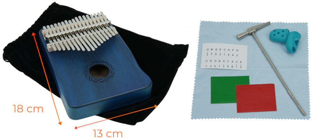 Kalimba MUSICMATE MM-C10-BL Peacemelody Niebieski kompaktowe wymiary ok. 18 x 13 x 6 cm niewielka waga ok. 0,27 kg w zestawie pokrowiec ochronny