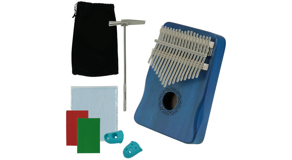 Kalimba MUSICMATE MM-C10-BL Peacemelody w kolorze niebieskim, młoteczek do strojenia, naklejki z nutami, ściereczka do czyszczenia, osłonki ochronne na palce, pokrowiec ochronny
