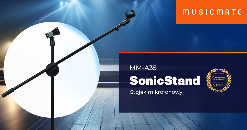 Statyw mikrofonowy MUSICMATE MM-A35 SonicStand twoje brzmienie pod kontrolą, scena, statyw, nazwa modelu, logo producenta