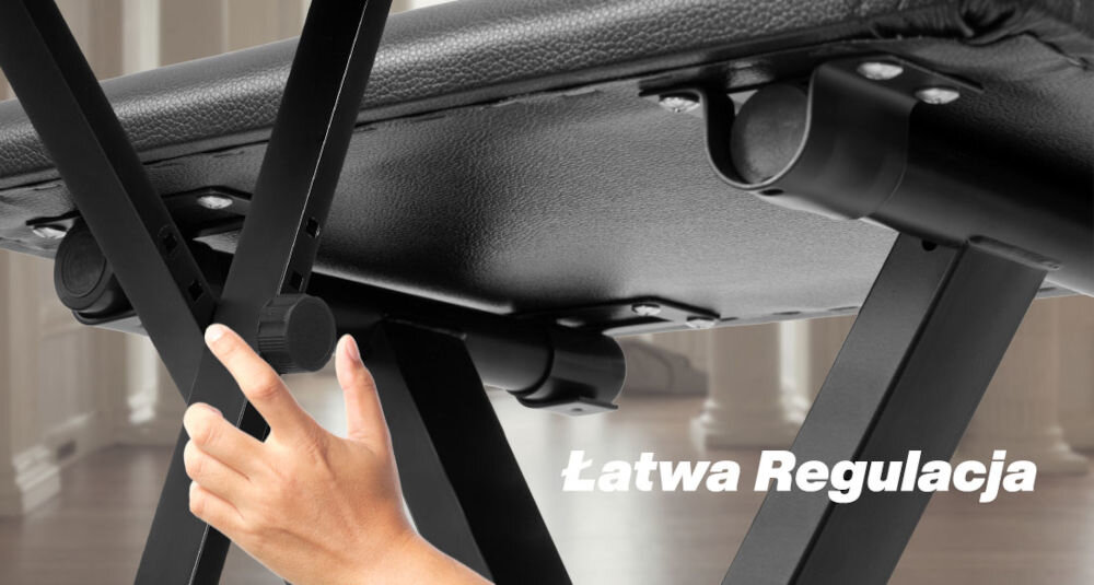 Ława do pianin i keyboardów MUSICMATE MM-K25 Leggiero
regulacja dla wygody, możliwość dopasowania wysokości do indywidualnych potrzeb, regulowana konstrukcja, solidna, stalowa rama,
tapicerowane siedzisko o wymiarach ok. 50 x 30 cm z łatwą do czyszczenia powłoką,
biały napis łatwa regulacja, dłoń, pokrętło do regulacji