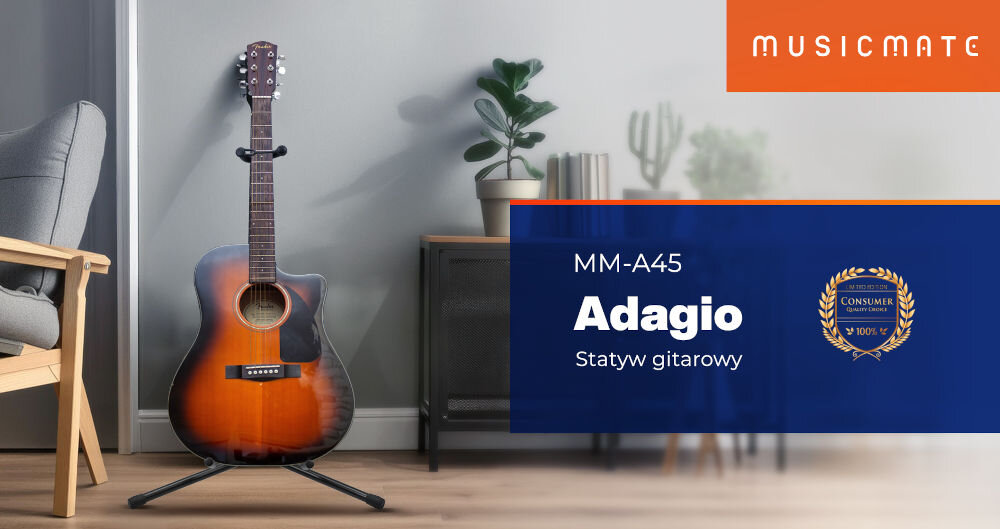 Statyw gitarowy MUSICMATE MM-A45 Adagio
zadbaj o swoją gitarę, gitara na statywie w pokoju, nazwa producenta w pomarańczowym prostokącie,
nazwa modelu w niebieskim prostokącie