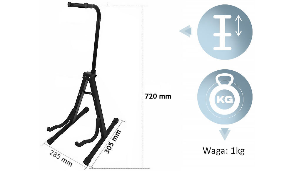 Statyw gitarowy MUSICMATE MM-A50 Moderato
wygoda użytkowania, łatwe składanie i rozkładanie, prosty mechanizm niewymagający użycia narzędzi, niewielki rozmiar ok. 720 x 305 x 285 mm,
produkt na białym tle, wektory z wymiarami, waga