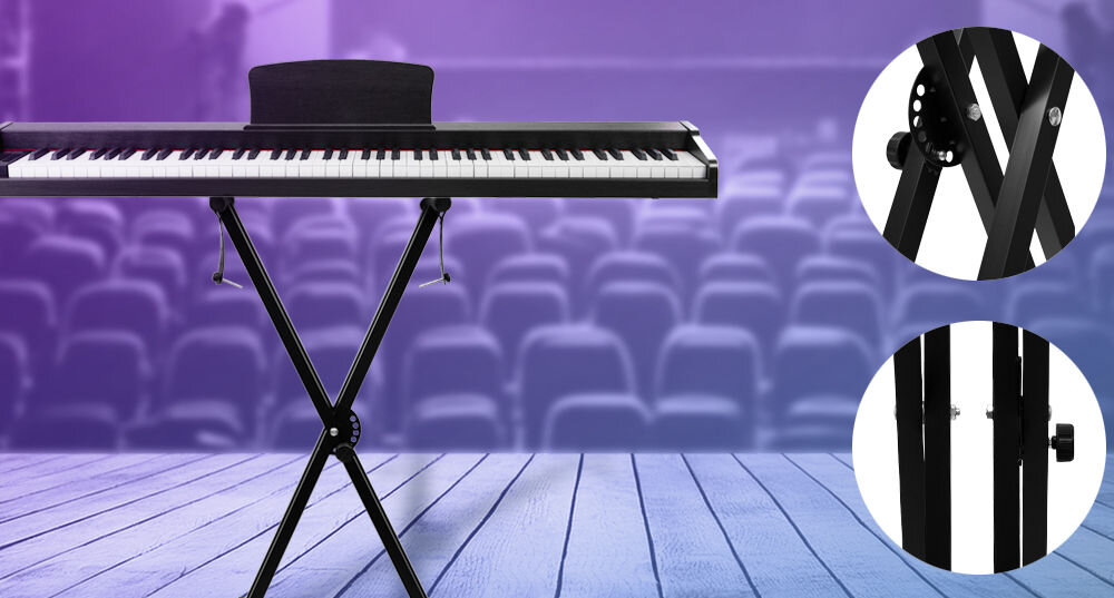 Statyw klawiszowy MUSICMATE MM-A75 Presto przemyślana konstrukcja, solidne wsparcie dla keyboardu, pianina cyfrowego czy syntezatora, wykonanie z podwójnych
stalowych profili, krzyżowa budowa, 7-stopniowa regulacja wysokości, maksymalny udźwig 30 kg, produkt na scenie