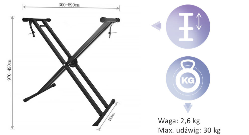 Statyw klawiszowy MUSICMATE MM-A75 Presto odpowiednie wymiary, zaprojektowany z myślą o optymalnym dopasowaniu do różnych instrumentów klawiszowych,
wymiary ok. 89 × 42,5 × 97 cm, przemyślana konstrukcja, produkt na białym tle, wymiary, waga ok. 2,6 kg, maksymalny udźwig 30 kg