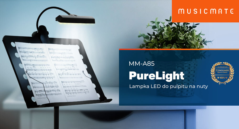 Lampka LED do pulpitu MUSICMATE MM-A85 PureLight
daj światło swoim treściom,
produkt przypięty do pulpitu na nuty, logo producenta w pomarańczowym prostokącie,
nazwa modelu w niebieskim prostokącie