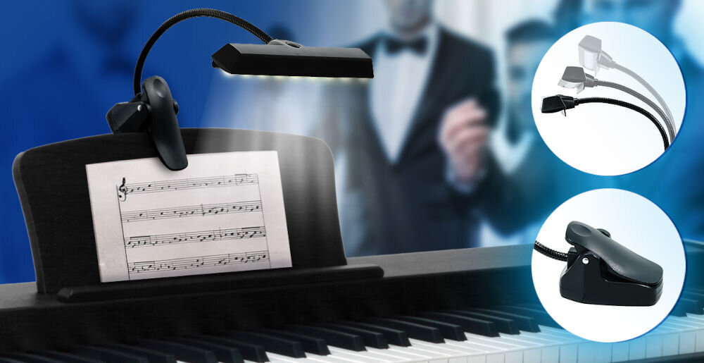 Lampka LED do pulpitu MUSICMATE MM-A85 PureLight
elastyczność i stabilność, solidny klips mocujący,
pianino, pulpit na nuty z przypiętym produktem, 2 białe koła ze zbliżeniem na elastyczny pałąk i klips mocujący
