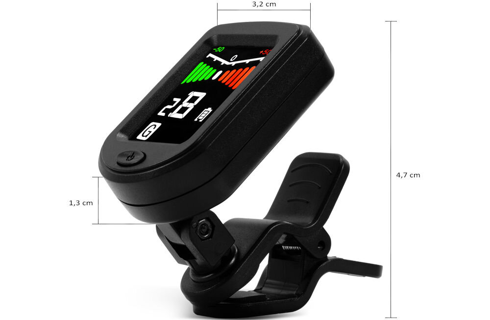 Stroik MUSICMATE Tuner MM-A7 SimplyTune precyzyjne i szybkie strojenie instrumentów, precyzja ±0.5 centa częstotliwość referencyjna 440 Hz,
kompaktowy rozmiar ok. 4,7 x 1,3 x 3,2 cm, łatwy montaż, produkt na białym tle, wektory z wymiarami