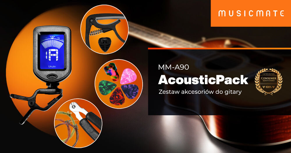 Zestaw akcesoriów do gitary akustycznej MUSICMATE MM-A90 AcousticPack
wzbogać swoje brzmienie, nazwa producenta w pomarańczowym prostokącie,
nazwa modelu w ciemnym prostokącie, urządzenia - elektroniczny tuner, kapodaster, 5 kolorowych kostek do gry,
struny oraz nawijarka