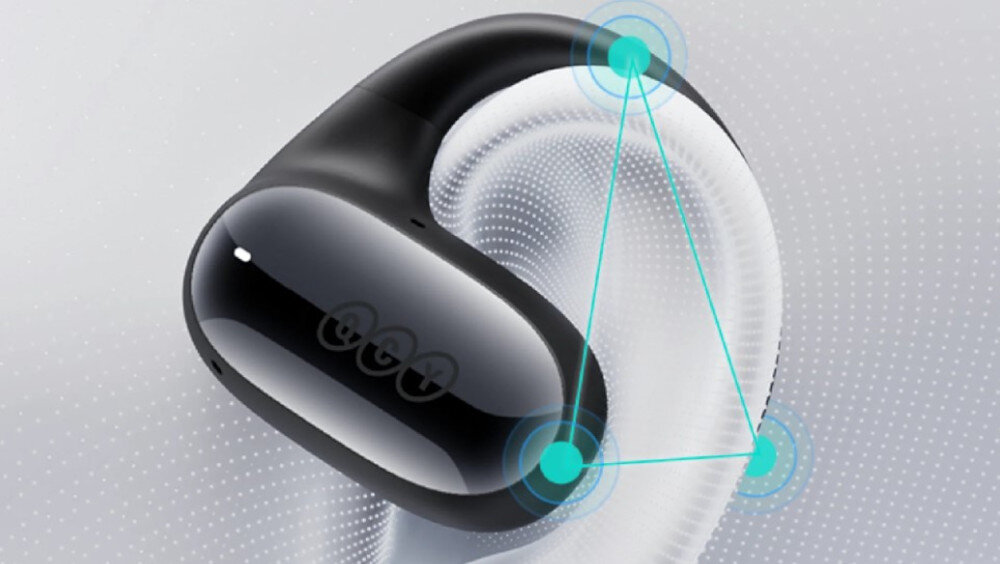 Słuchawki powietrzne QCY T30 Crossky GTR2 konstrukcja Tri-hold i stabilne uchwyty, słuchawka powietrzna założona na uchu