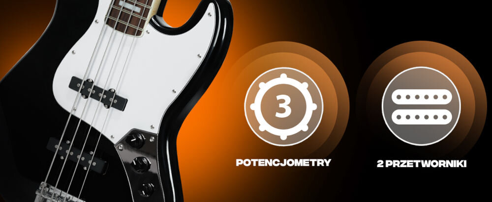 Gitara elektryczna basowa MUSICMATE MM-G175-B BassPulse Czarny
precyzja i wszechstronność, dwa przetworniki typu Single-coil, przedni przetwornik oferujący ciepłe i głębokie brzmienie,
tylny przetwornik dostarczający jasne i wyraziste tony do solówek, trzy potencjometry umożliwiające dostosowanie głośności i barwy dźwięku,
człowiek grający na gitarze, koło z białym napisem 4 struny