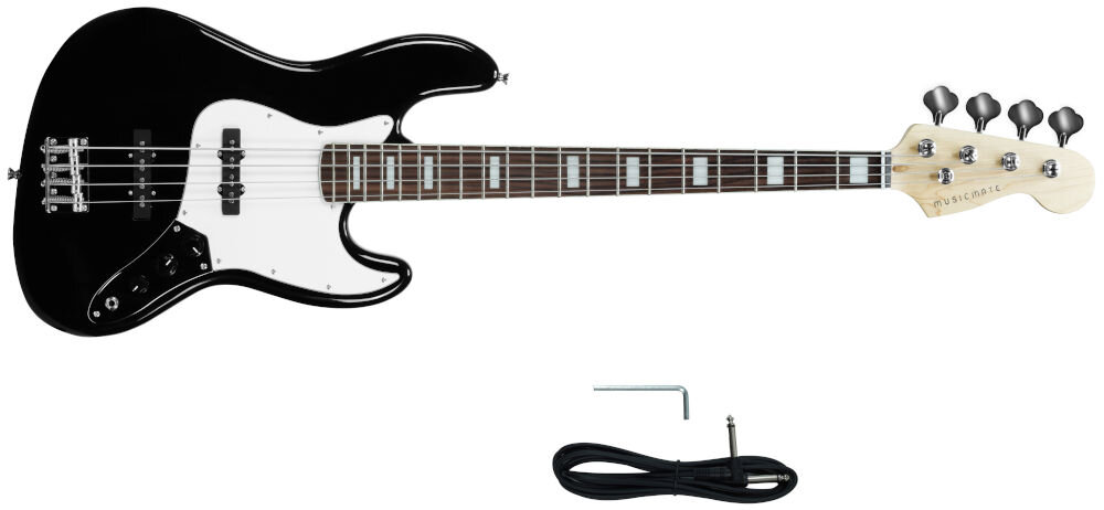 w opakowaniu Gitara basowa MUSICMATE MM-G175-B o wymiarach ok. 36 x 4,5 x 118 cm oraz wadze ok. 4,5 kg,
kabel gitarowy jack 6,3 mm / jack 6,3 mm, kluczyk do regulacji, zestaw na białym tle
