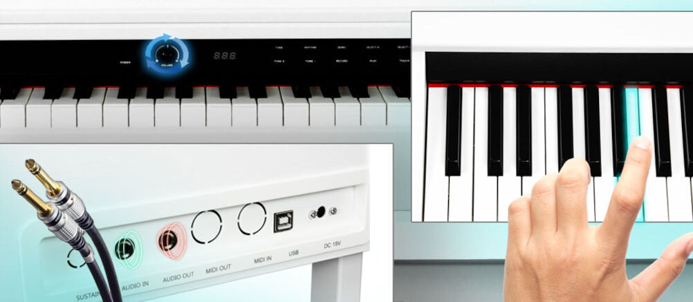 Pianino cyfrowe MUSICMATE MM-P60-W PureHarmony Biały zasilanie sieciowe wejście aux jack 3,5 mm wyjście słuchawkowe jack 3,5 mm gniazdo USB Midi wbudowany Bluetooth
380 brzmień 128 rytmów 128 utworów DEMO