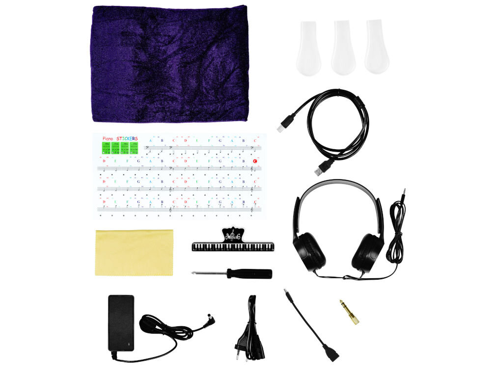 Pianino cyfrowe MUSICMATE MM-P60-W PureHarmony w kolorze białym o wymiarach ok. 125 x 33 x 75 cm i wadze ok. 28 kg, zasilacz sieciowy, kabel zasilający, słuchawki przewodowe jack 3,5 mm, aksamitna narzuta ochronna, klips do nut,
ściereczka do czyszczenia, śrubokręt do montażu, adapter jack 3,5 mm / jack 6,3 mm, kabel OTG USB-A / USB-C,
ochronne nakładki na pedały, kolorowe naklejki na klawisze z zapisem nut na pięciolinii i oznaczeniem literowym
ułatwiające naukę gry, dokumentacja