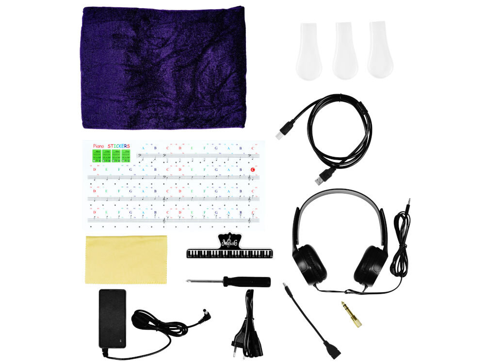 Pianino cyfrowe MUSICMATE MM-P80-W LegacyLine w kolorze białym, zasilacz sieciowy, kabel zasilający, pedał 3-funkcyjny,
pulpit na nuty, słuchawki przewodowe jack 3,5 mm, aksamitna narzuta ochronna, klips do nut, ściereczka do czyszczenia,
śrubokręt do montażu,
adapter jack 3,5 mm - jack 6,3 mm, kabel OTG USB-A / USB-C, ochronne nakładki na pedały,
kolorowe naklejki na klawisze z zapisem nut na pięciolinii i oznaczeniem literowym ułatwiające naukę gry, dokumentacja