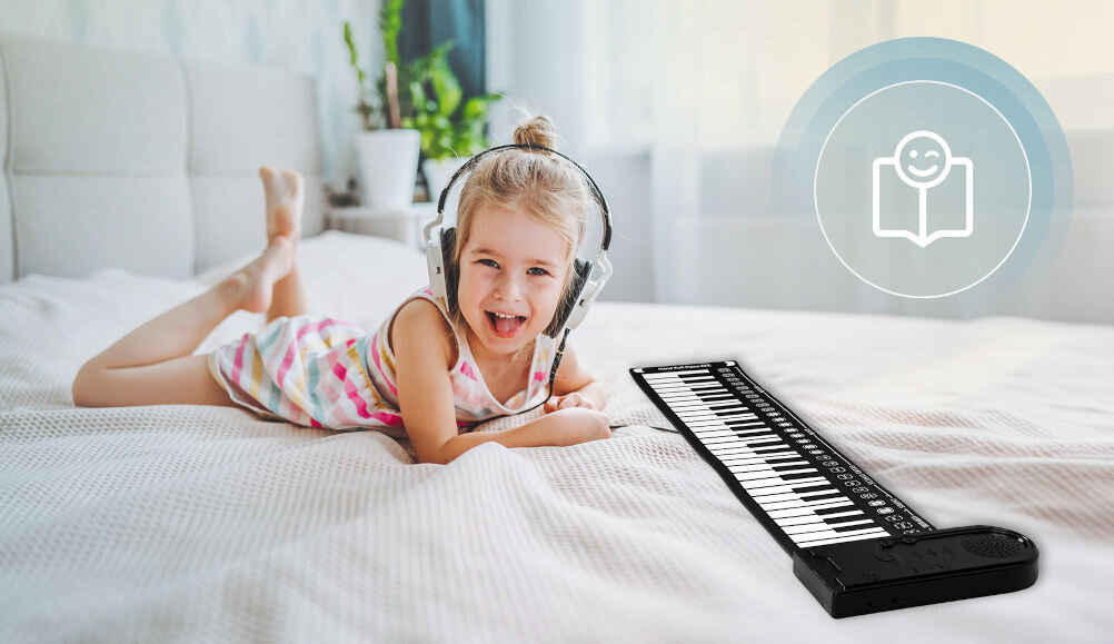 Pianino zwijane MUSICMATE MM-P5-B TravelKeys prosty panel sterowania tryby perkusji akompaniamentu klasycznej gry do nauki i zabawy intuicyjne funkcje zwijana konstrukcja