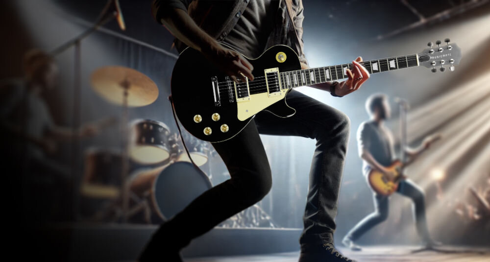 Gitara elektryczna MUSICMATE MM-G220-B ToneLegend Czarny LP Double Dual Pickups pełne i dynamiczne brzmienie kontrola nad dźwiękiem dzięki 2 pokrętłom do regulacji głośności oraz 2
do tonów trapezowe akrylowe markery na podstrunnicy 3-pozycyjny przełącznik