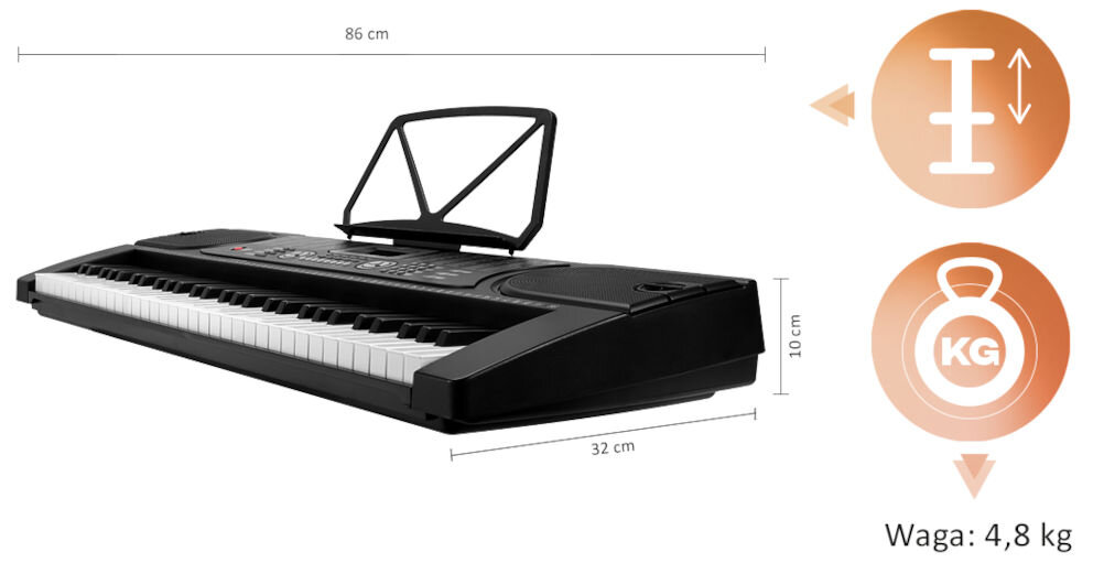 Keyboard MUSICMATE MM-KB120 SmoothKey Czarny tryb nauki wbudowane utwory DEMO (24 utwory) nagrywanie i odtwarzanie własnych utworów 61 klawiszy pulpit na nuty