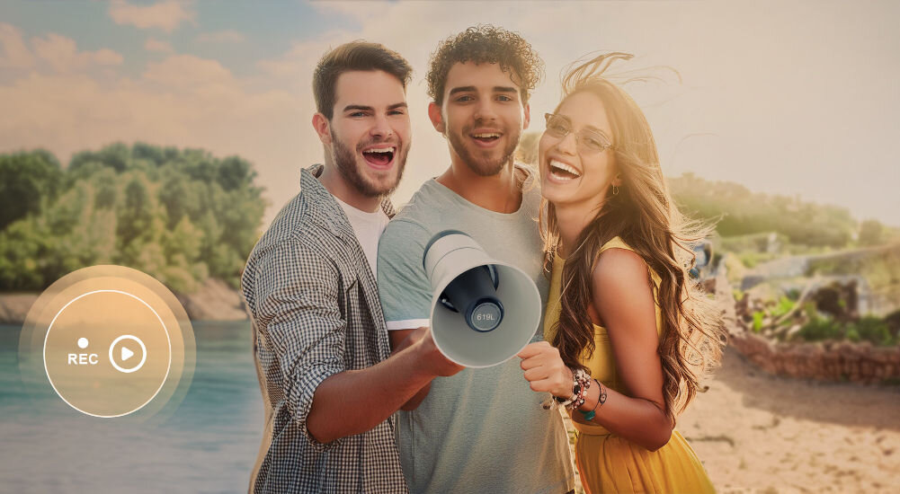 Megafon MUSICMATE MM-GH17 Czarno-biały funkcja nagrywania i odtwarzania wejścia USB-A microSD technologia Bluetooth intuicyjny panel sterowania funkcja syreny