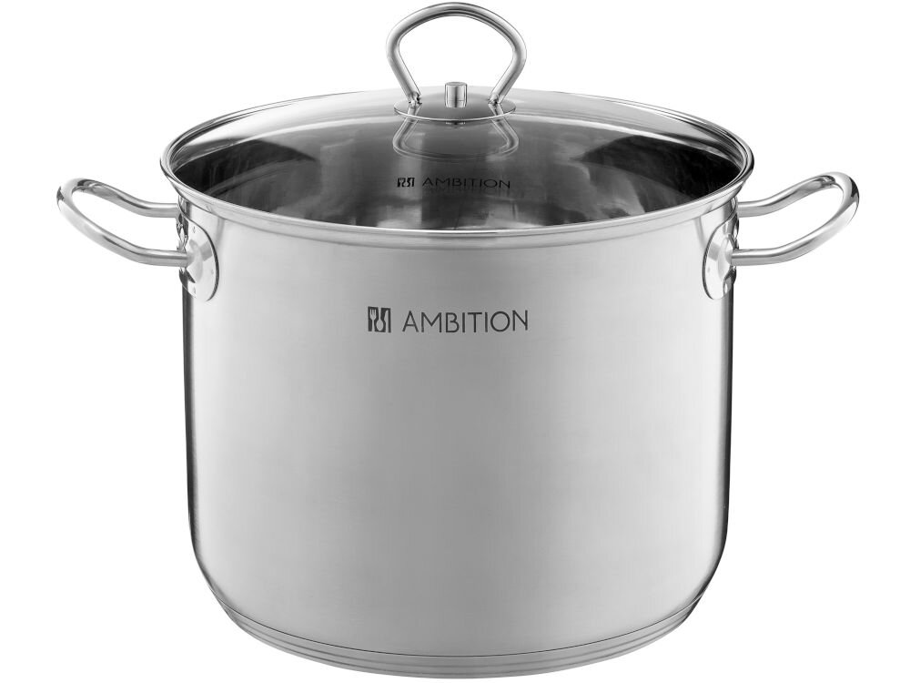 Garnek AMBITION Acero 60816 8.4 L garnek srebrny pokrywka uchwyty białe tło średnica 24 cm pojemność 8,4 litra solidność stylowy design wysoka jakość stali nierdzewnej odporność na korozję matowe wykończenie elegancki wygląd współczesne i klasyczne kuchnie profesjonalny estetyczny