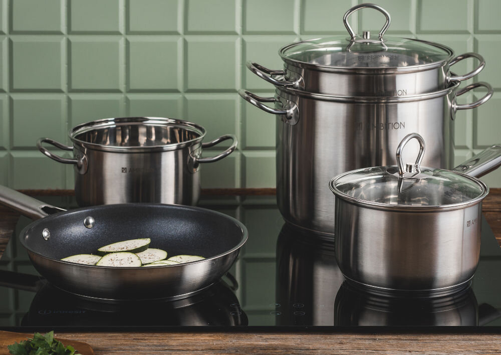 Garnek AMBITION Acero 60816 8.4 L kuchnia garnki i patelnia na płycie różne rozmiary garnków pokrywki uchwyty  warzywa na patelni grube dno typu Acero skuteczne równomierne rozprowadzanie ciepła skrócenie czasu gotowania zmniejszenie zużycia energii oszczędność lepsza jakość przygotowywanych potraw gotowanie w optymalnych warunkach temperaturowych codzienne gotowanie