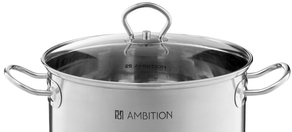 Garnek AMBITION Acero 60816 8.4 L pokrywka białe tło uchwyt szkło hartowane szkło monitorowanie procesu gotowania wewnętrzna skala pojemności precyzyjne odmierzanie płynów gotowanie zup  sosów dań jednogarnkowych funkcjonalne elementy codzienna prace w kuchni komfort użytkowania