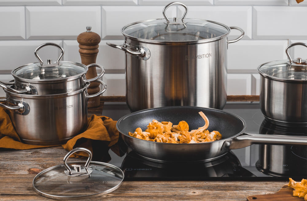 Garnek AMBITION Acero 60816 8.4 L kuchnia różne rozmiary garnków patelnia na płycie kurki na patelni uchwyty pokrywki wszystkie rodzaje kuchenek indukcyjne gazowe elektryczne ceramiczne wszechstronność dla każdego ergonomicznie zaprojektowane uchwyty solidna konstrukcja stabilność bezpieczeństwo