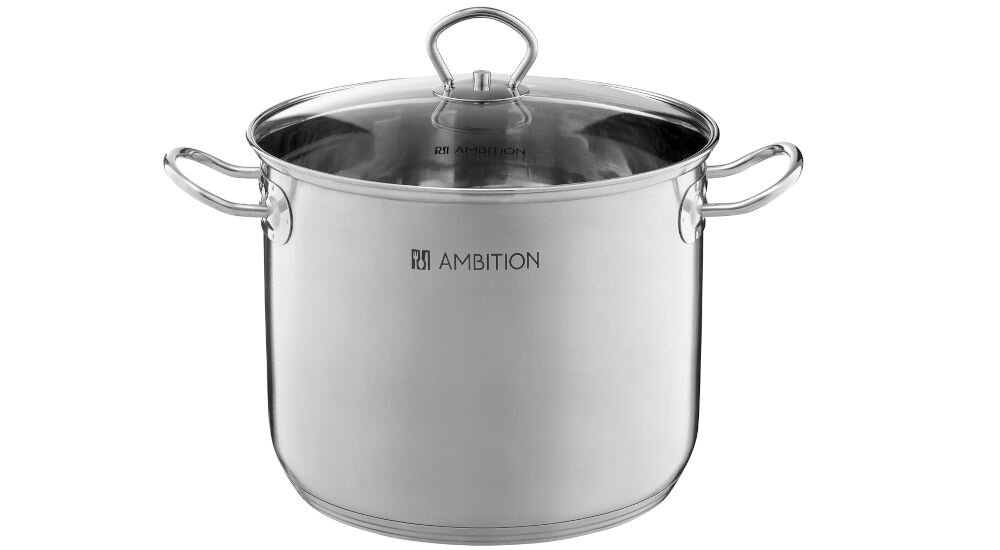 Garnek AMBITION Acero 60825 11 L garnek srebrny pokrywka uchwyty białe tło średnica 26 cm pojemność 11 litrów solidność stylowy design wysoka jakość stali nierdzewnej odporność na korozję matowe wykończenie elegancki wygląd współczesne i klasyczne kuchnie profesjonalny estetyczny