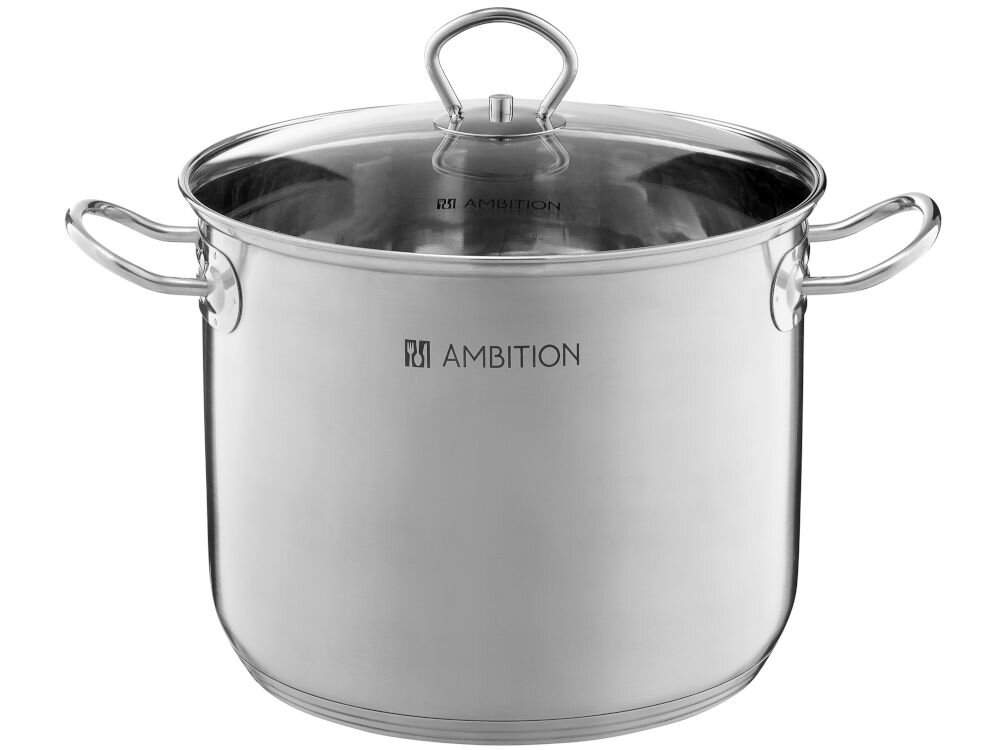 Garnek AMBITION Acero 60826 13.5 L garnek srebrny pokrywka uchwyty białe tło średnica 28 cm pojemność 13,5 litra solidność stylowy design wysoka jakość stali nierdzewnej odporność na korozję matowe wykończenie elegancki wygląd współczesne i klasyczne kuchnie profesjonalny estetyczny