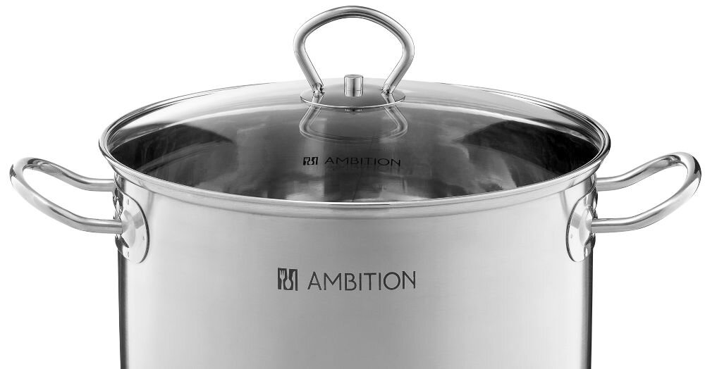 Garnek AMBITION Acero 60826 13.5 L pokrywka białe tło uchwyt szkło hartowane szkło monitorowanie procesu gotowania wewnętrzna skala pojemności precyzyjne odmierzanie płynów gotowanie zup sosów dań jednogarnkowych funkcjonalne elementy codzienna prace w kuchni komfort użytkowania