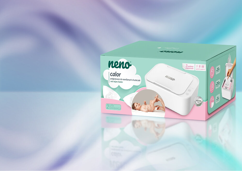 Opakowanie produktu \'NENO Calor\' z napisem \'Podgrzewacz do nawilżanych chusteczek\'. Na opakowaniu widoczny jest obrazek dziecka oraz zdjęcie urządzenia.