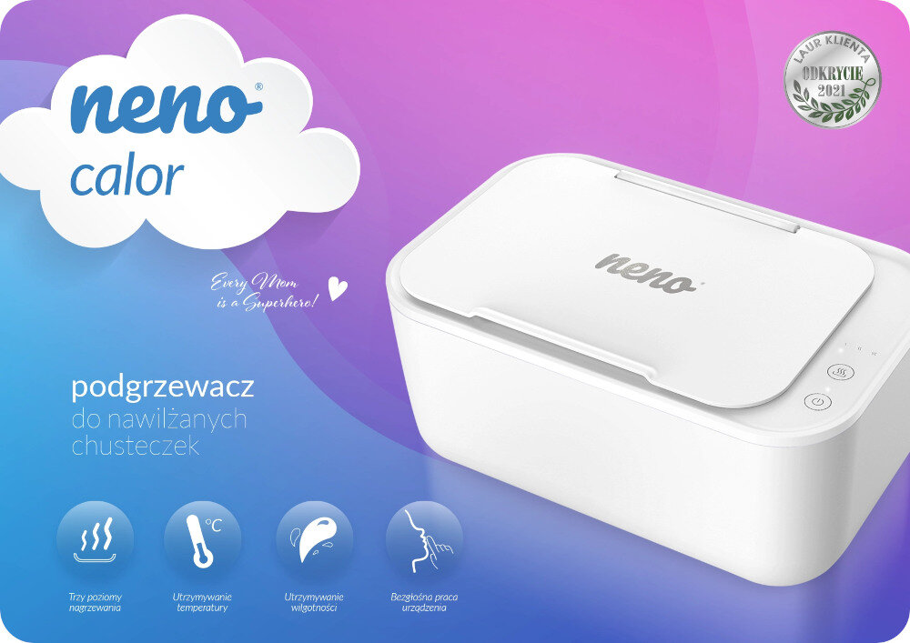 Obraz przedstawia biały podgrzewacz do nawilżanych chusteczek z napisem \'neno\' na pokrywie, umieszczony na tle w odcieniach różu i fioletu. Widoczne są ikony z opisami: \'Trzy poziomy temperatury\', \'Utrzymywanie temperatury\', \'Utrzymywanie wilgotności\', \'Bezpieczna praca urządzenia\'.
