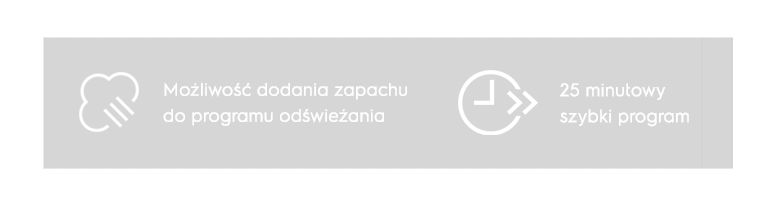 Obraz przedstawia dwa symbole na czarnym tle. Po lewej stronie chmura z trzema liniami i tekst \'Możliwość dodania zapachu do programu odświeżania\', po prawej zegar z tekstem \'25 minutowy szybki program\'.