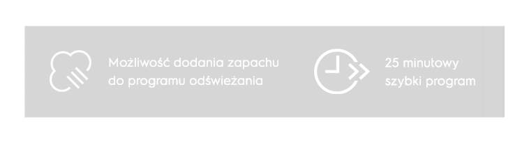 Obraz przedstawia dwa symbole i teksty na czarnym tle. Po lewej stronie znajduje się symbol chmury z tekstem \'Możliwość dodania zapachu do programu odświeżania\', a po prawej symbol zegara z tekstem \'25 minutowy szybki program\'.
