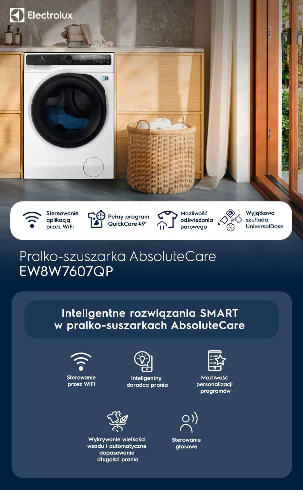 Na obrazie widoczna jest pralko-suszarka ELECTROLUX EW8W7607QP umieszczona w jasnej kuchni, obok kosza na pranie. Na dole znajdują się ikony i teksty opisujące funkcje urządzenia, takie jak sterowanie aplikacją przez WiFi, pełny program QuickCare 49\', możliwość odświeżania parowego i wyjątkowa szuflada UniversalDose.