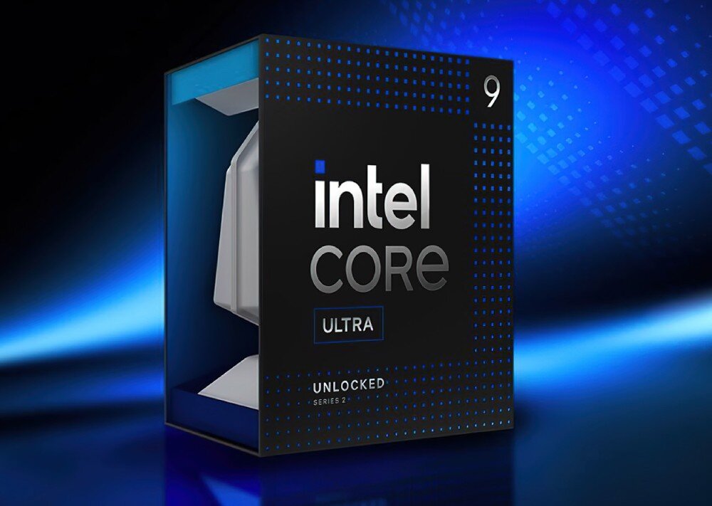Procesor INTEL Core Ultra 9-285K Granatowe pudełko z logo 'intel core ultra' i oznaczeniem serii 2 na tle w odcieniach niebieskiego, opis