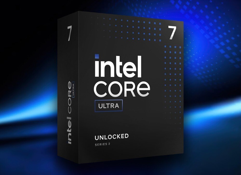 Procesor INTEL Core Ultra 7-265K Granatowe pudełko z logo 'intel core ultra' i oznaczeniem serii 2 na tle w odcieniach niebieskiego, opis