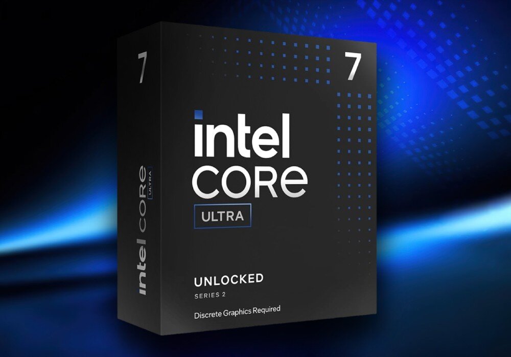 Procesor INTEL Core Ultra 7-265KF Granatowe pudełko z logo 'intel core ultra' i oznaczeniem serii 2 na tle w odcieniach niebieskiego, opis