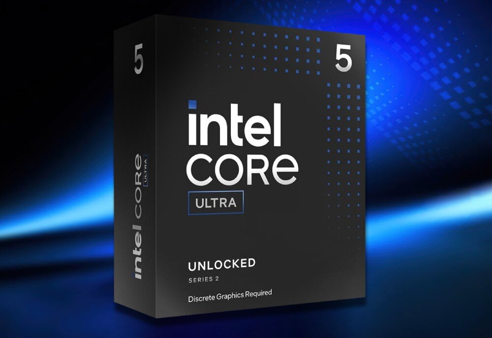 Procesor INTEL Core Ultra 5-245KF Granatowe pudełko z logo 'intel core ultra' i oznaczeniem serii 2 na tle w odcieniach niebieskiego, opis