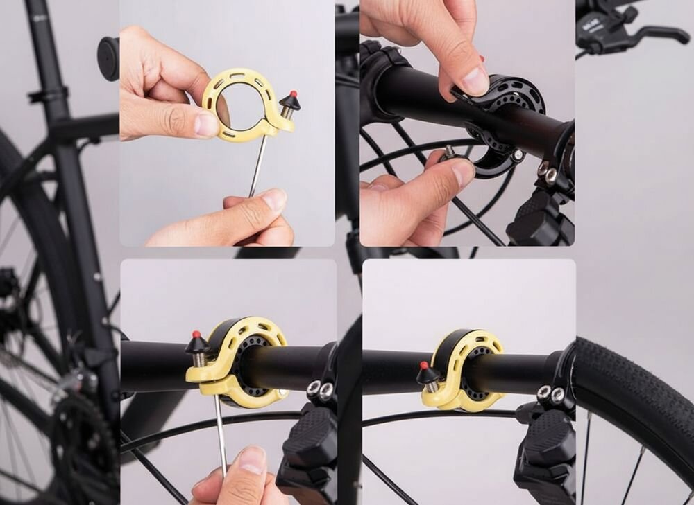 Dzwonek rowerowy ROCKBROS 34210028004 Żółty, Montaż, instalacja, prostota, wygoda, Instrukcja montażu czarnego dzwonka na rowerze.