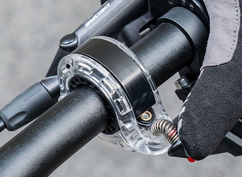 Dzwonek rowerowy ROCKBROS 34210028002 Przezroczysty, Mechanizm, sprężyna, wygoda, szybkość, Palec w rękawiczce naciskający mechanizm dzwonka.